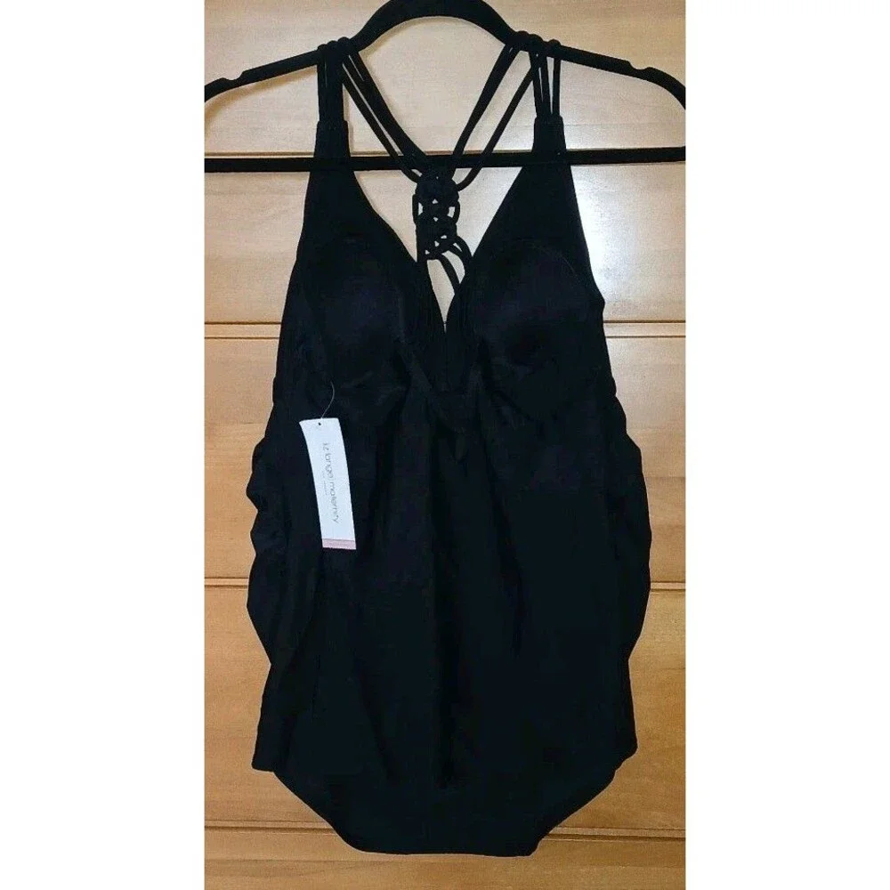 NWT LIZ LANGE Womens M Maternity Swim Tankini Braided Black Top ONLY Molded Cups